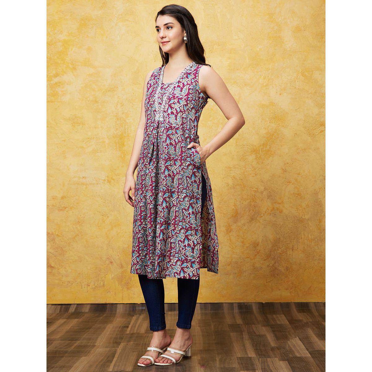 Globus X Styli Printed Sleeveless A-Line Kurta-women-clothing-ethnicwear-kurtas-image-2
