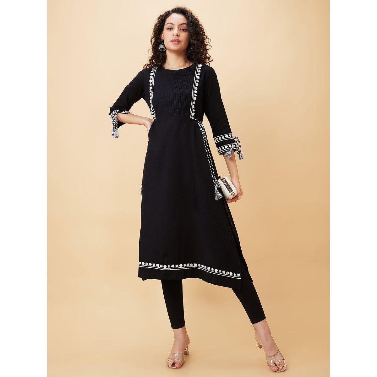 Globus X Styli Embroidered Round Neck Cotton Straight Kurta-women-clothing-ethnicwear-kurtas-image-1