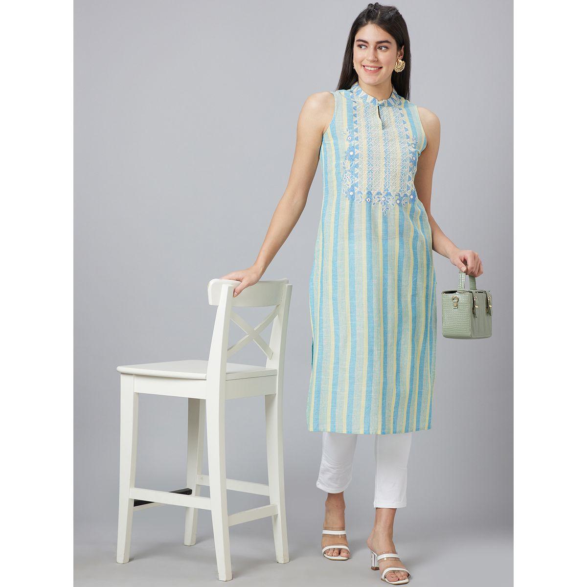 كورتا مخططة بياقة ماندارين وقصة مستقيمة-women-clothing-ethnicwear-kurtas-image-1
