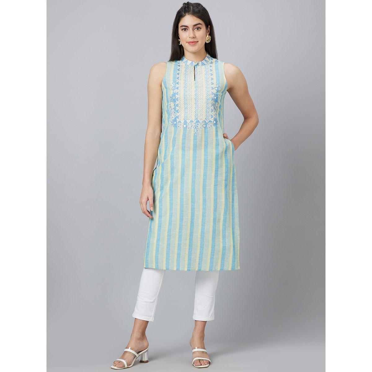 كورتا مخططة بياقة ماندارين وقصة مستقيمة-women-clothing-ethnicwear-kurtas-image-2