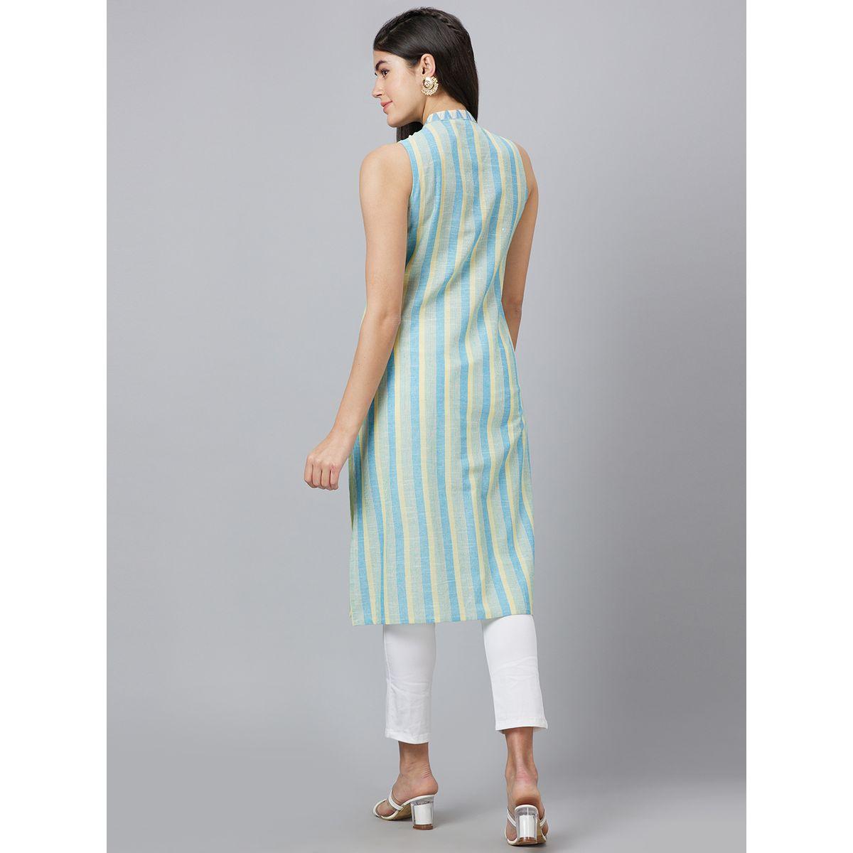 كورتا مخططة بياقة ماندارين وقصة مستقيمة-women-clothing-ethnicwear-kurtas-image-3