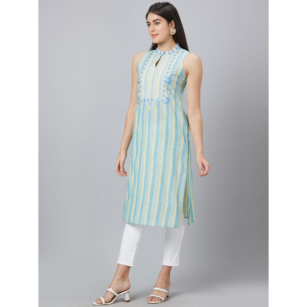 كورتا مخططة بياقة ماندارين وقصة مستقيمة-women-clothing-ethnicwear-kurtas-image-4