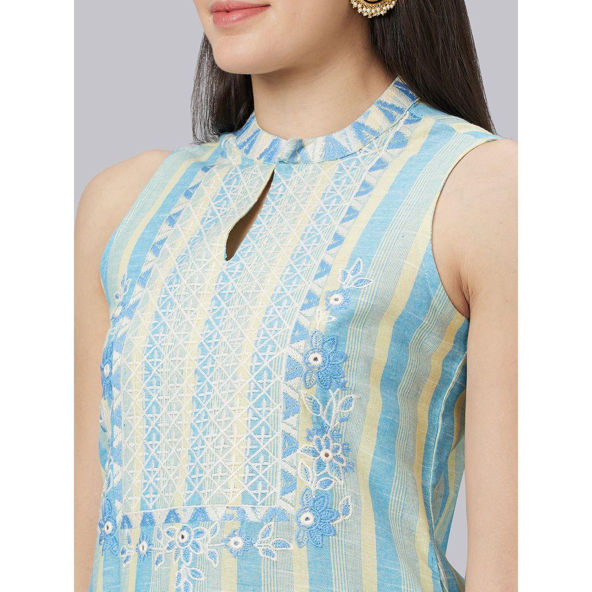 كورتا مخططة بياقة ماندارين وقصة مستقيمة-women-clothing-ethnicwear-kurtas-image-5
