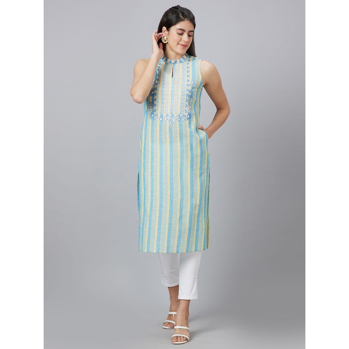 كورتا مخططة بياقة ماندارين وقصة مستقيمة-women-clothing-ethnicwear-kurtas-image-6