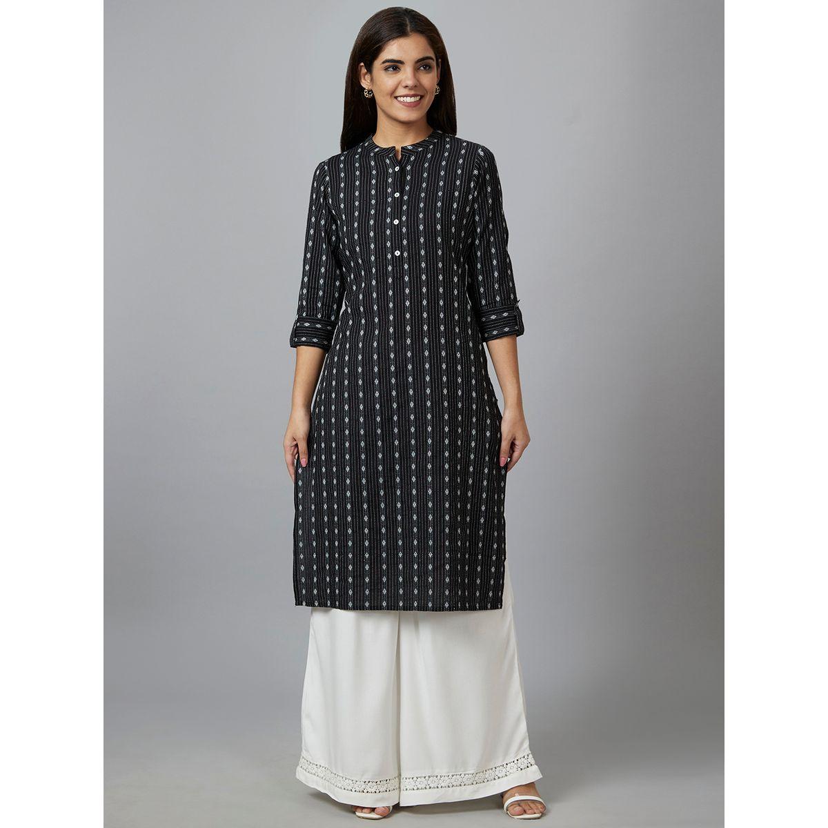 Globus X Styli Printed Mandarin Collar Pure Cotton Kurta-women-clothing-ethnicwear-kurtas-image-1