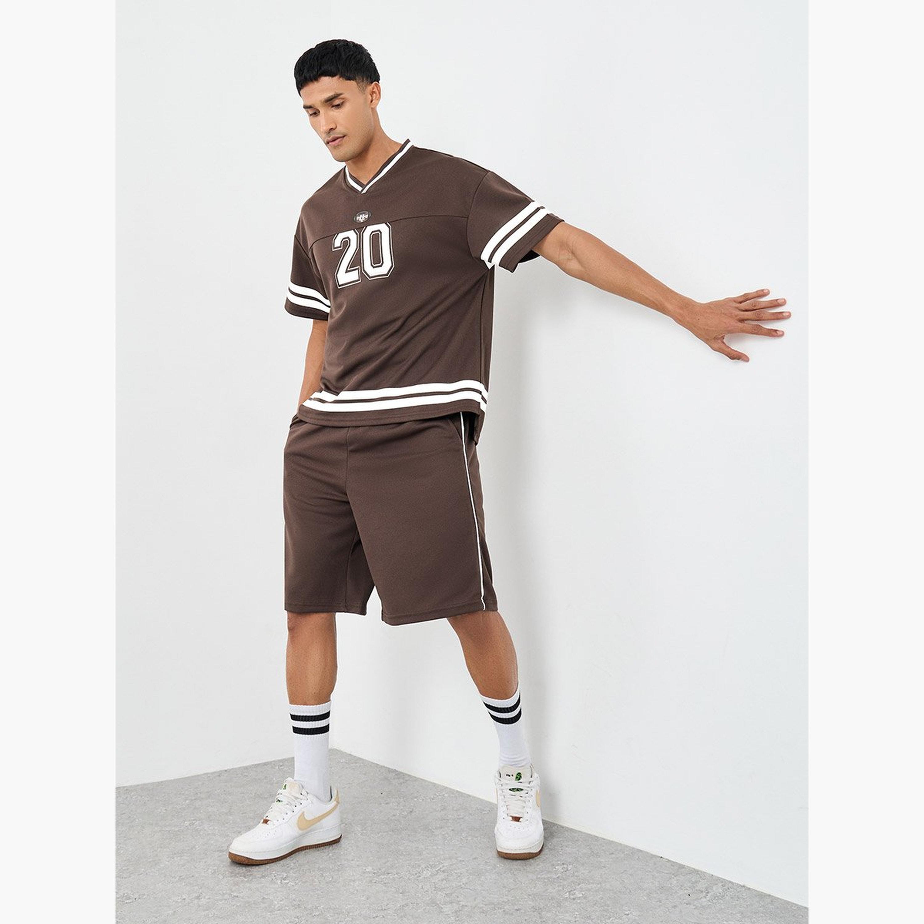 Styli Men Brown V-Neck Printed Boxy T-Shirt and Oversized Shorts Co-Ords-men-clothing-coordsets-image-1