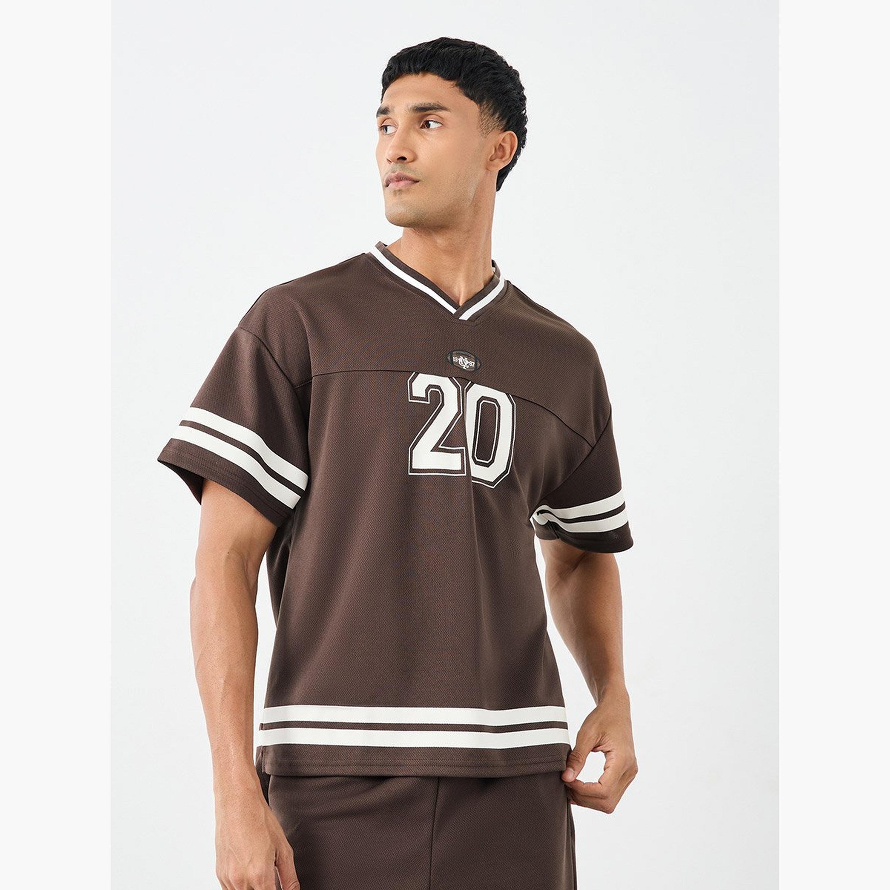 Styli Men Brown V-Neck Printed Boxy T-Shirt and Oversized Shorts Co-Ords-men-clothing-coordsets-image-2