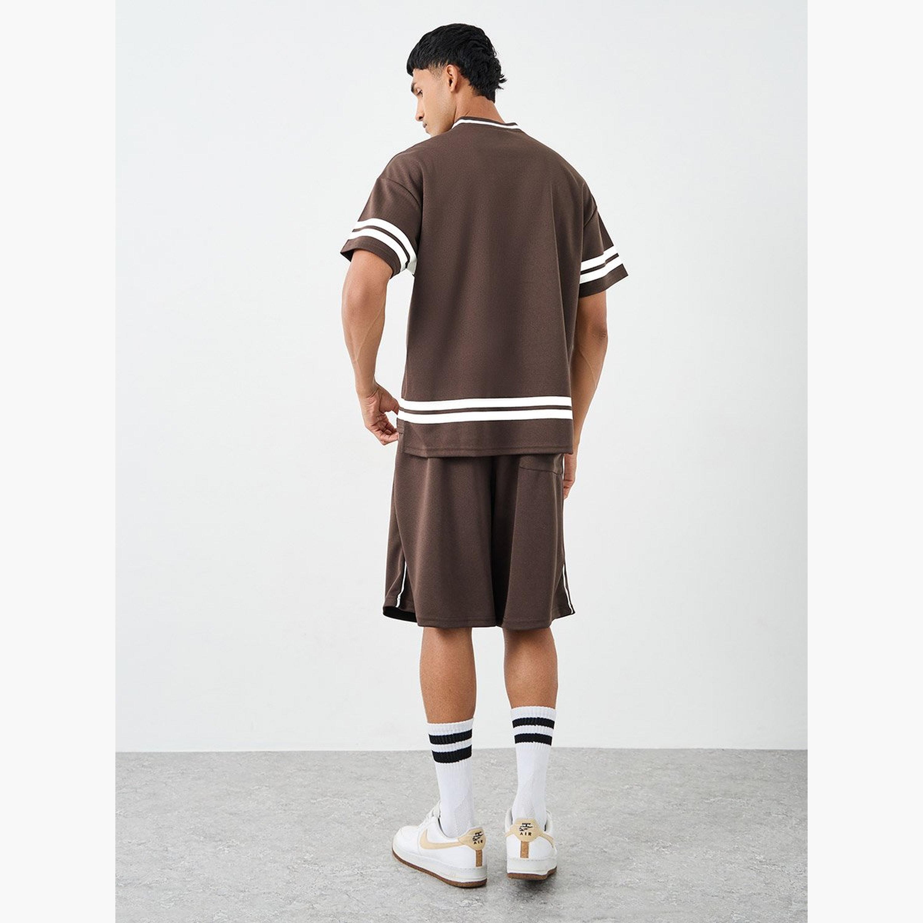Styli Men Brown V-Neck Printed Boxy T-Shirt and Oversized Shorts Co-Ords-men-clothing-coordsets-image-4