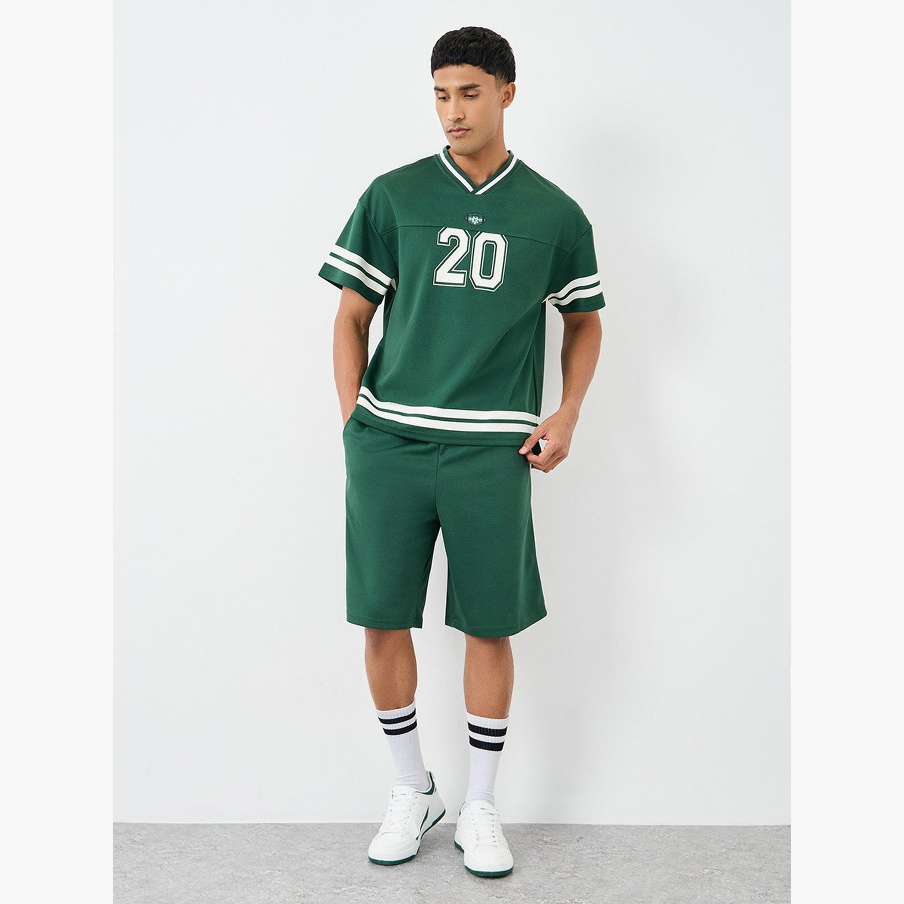 Styli Men Green V-Neck Printed Boxy T-Shirt and Oversized Shorts Co-Ords-men-clothing-coordsets-image-1