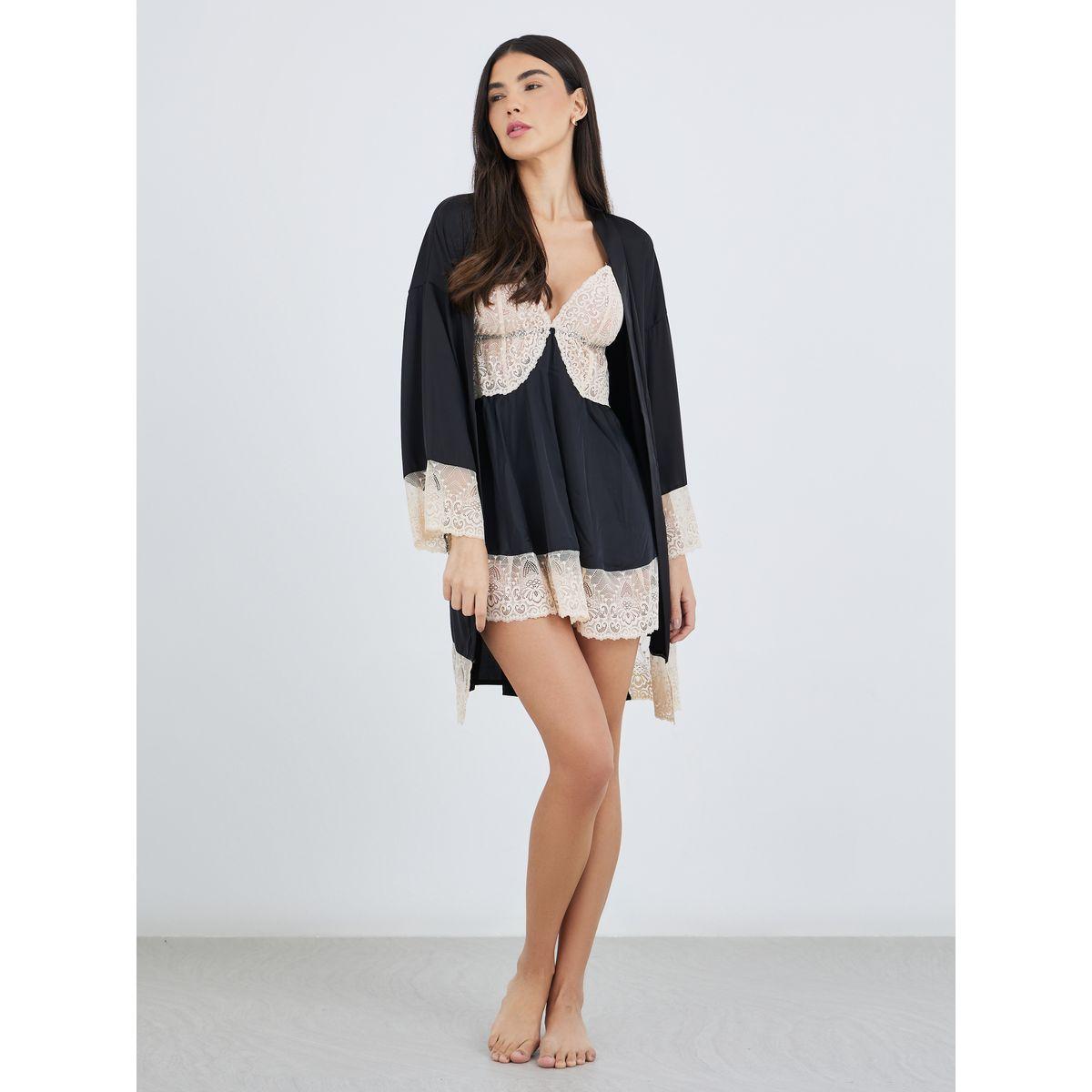 Styli Contrast Lace Insert Satin Slip Dress with Robe Set-women-clothing-nightwear-robes-image-1