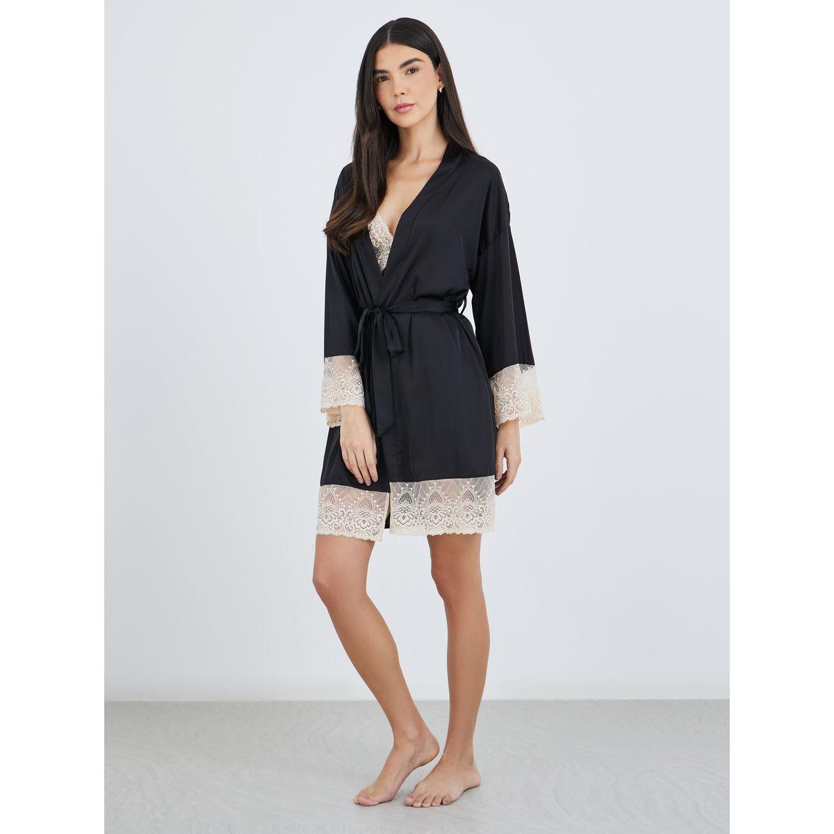 Styli Contrast Lace Insert Satin Slip Dress with Robe Set-women-clothing-nightwear-robes-image-2