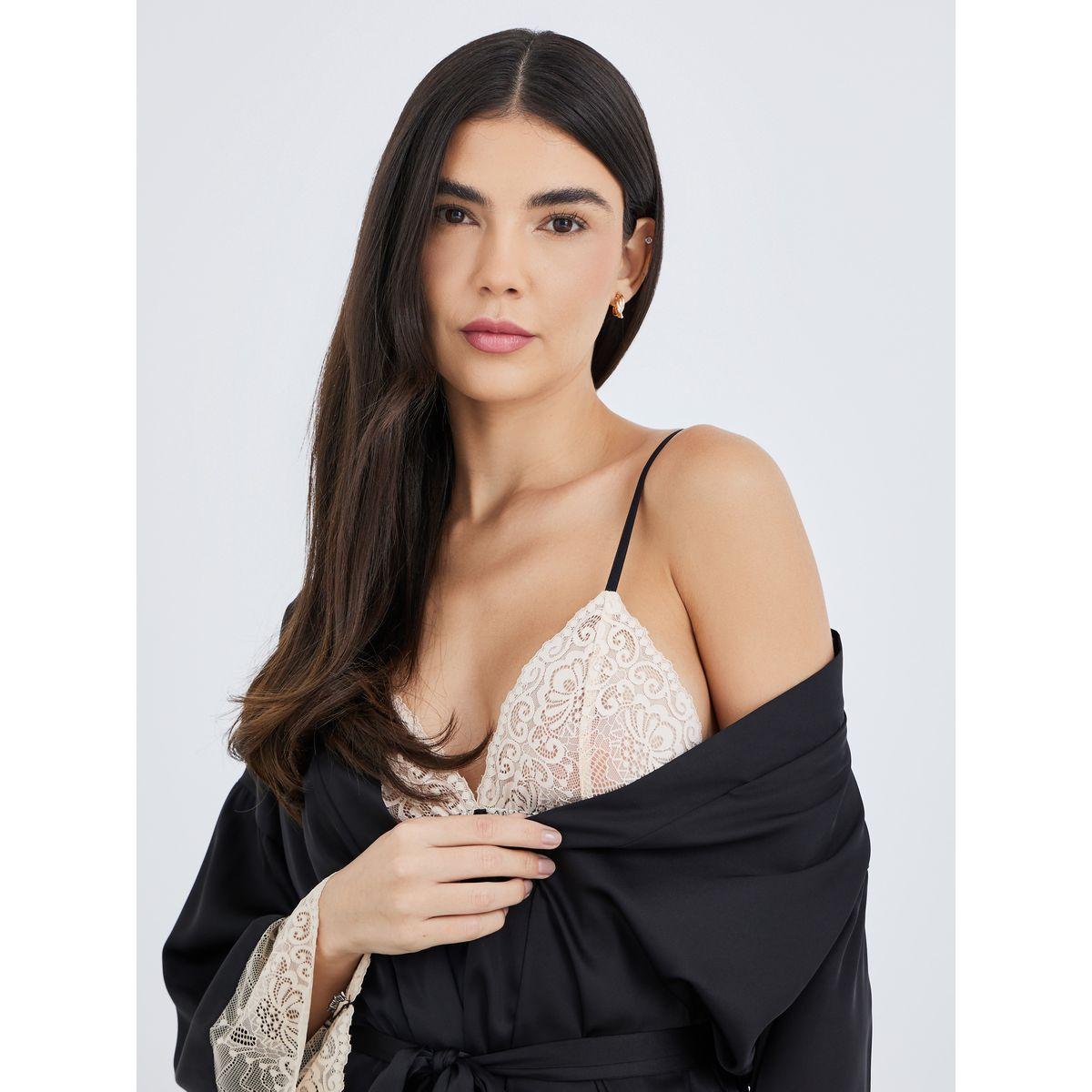 Styli Contrast Lace Insert Satin Slip Dress with Robe Set-women-clothing-nightwear-robes-image-5