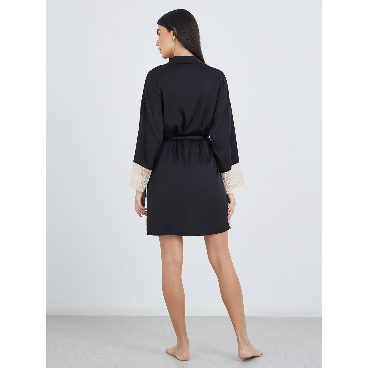 Styli Contrast Lace Insert Satin Slip Dress with Robe Set-women-clothing-nightwear-robes-image-6