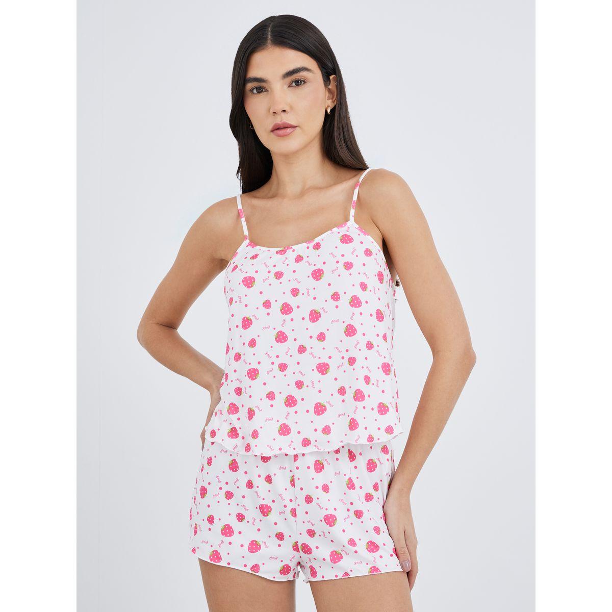 Styli All-Over Print Satin Strappy Top and Shorts Pyjama Set-women-clothing-nightwear-pyjamas-shortsets-image-2
