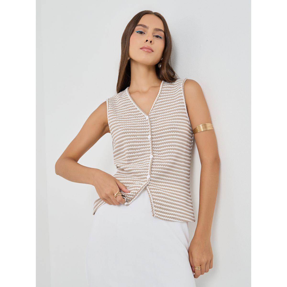 Styli Striped Knitted Buttoned Top-women-clothing-tshirts-image-1