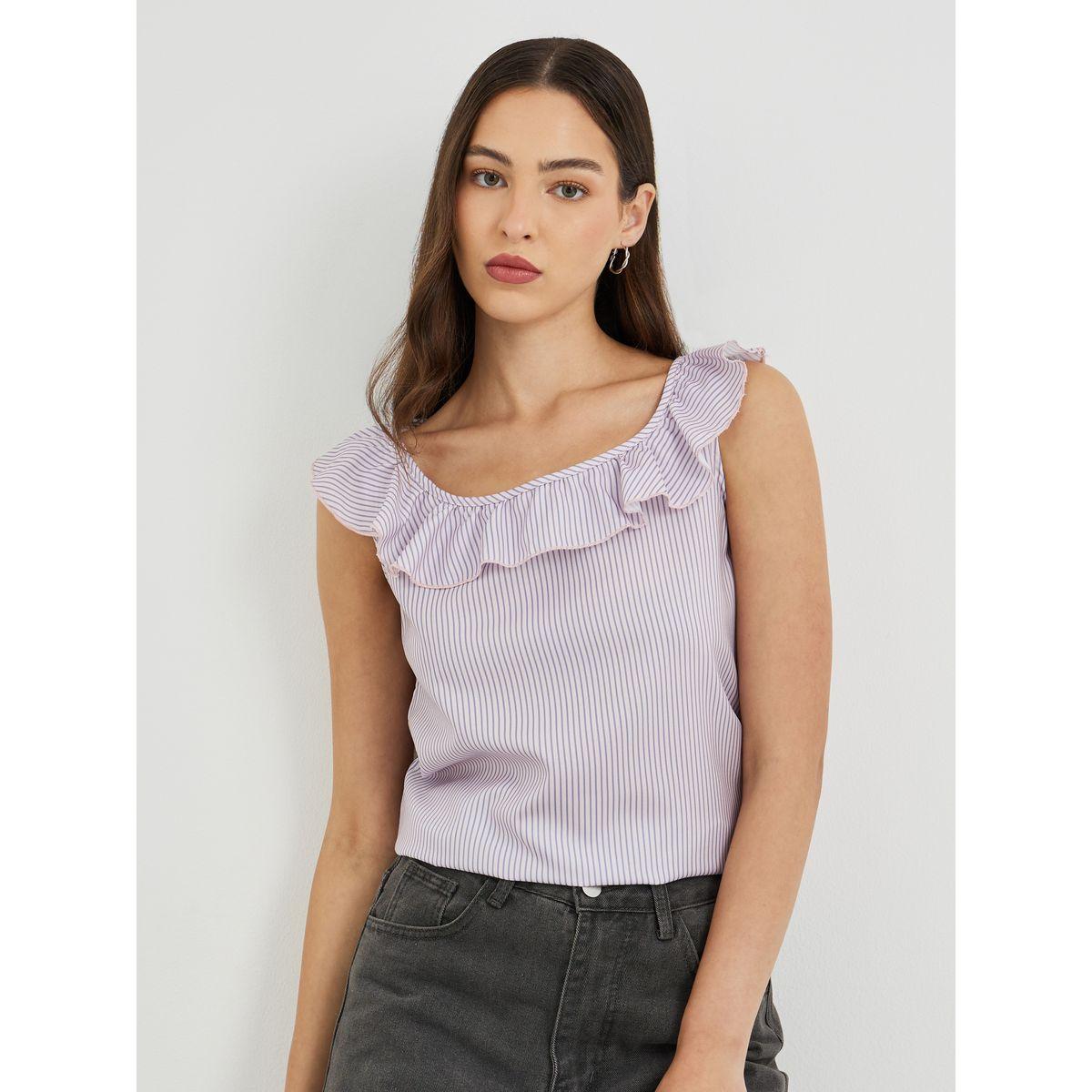 Styli Striped Ruffled Neckline Sleeveless Top-women-clothing-shirtsandblouses-blouses-image-1