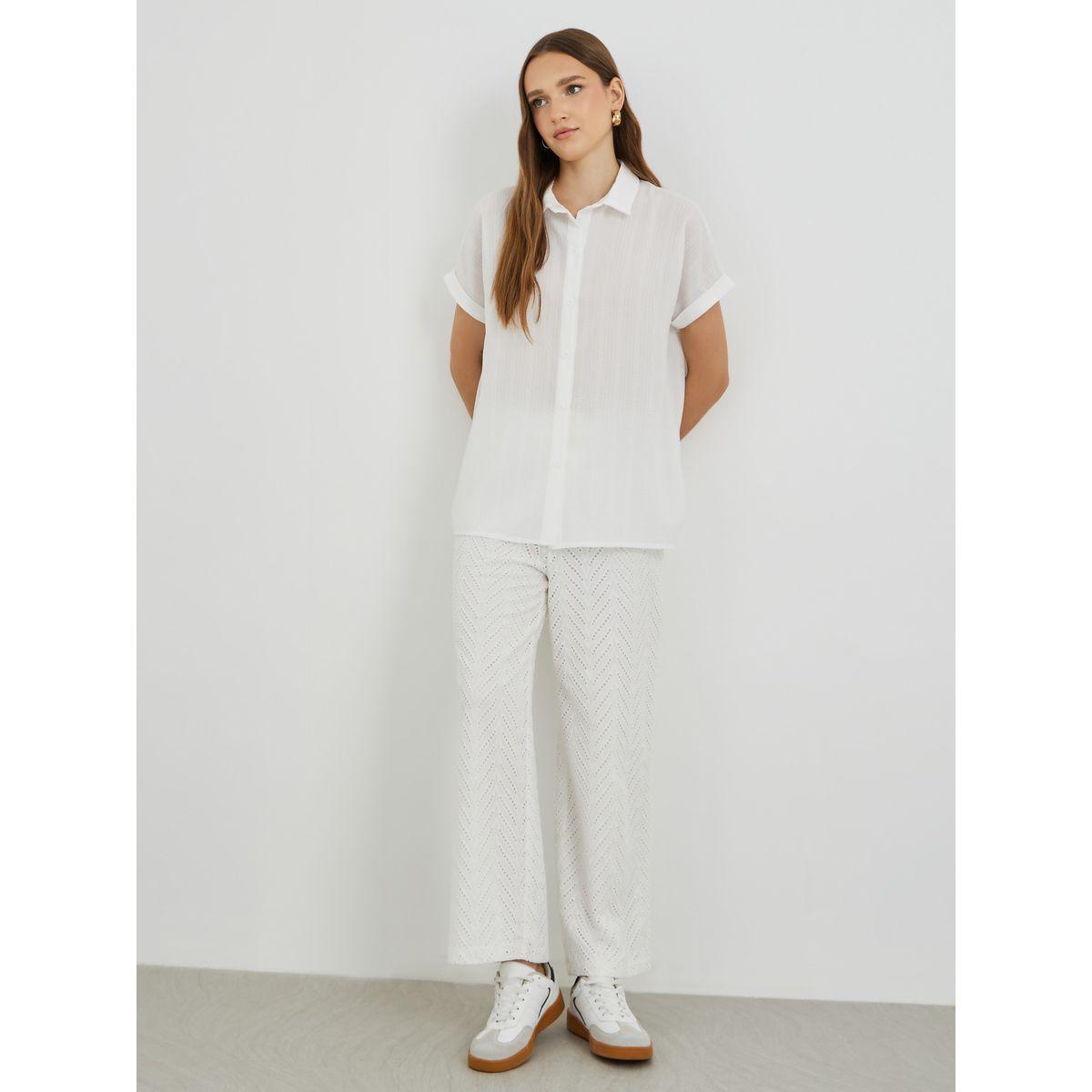 Styli Texture Spread Collar Short Sleeve Shirt-women-clothing-shirtsandblouses-shirts-image-2