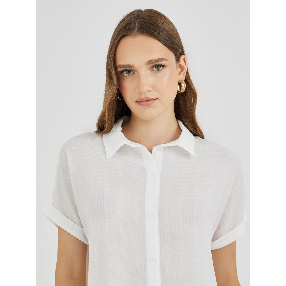 Styli Texture Spread Collar Short Sleeve Shirt-women-clothing-shirtsandblouses-shirts-image-3