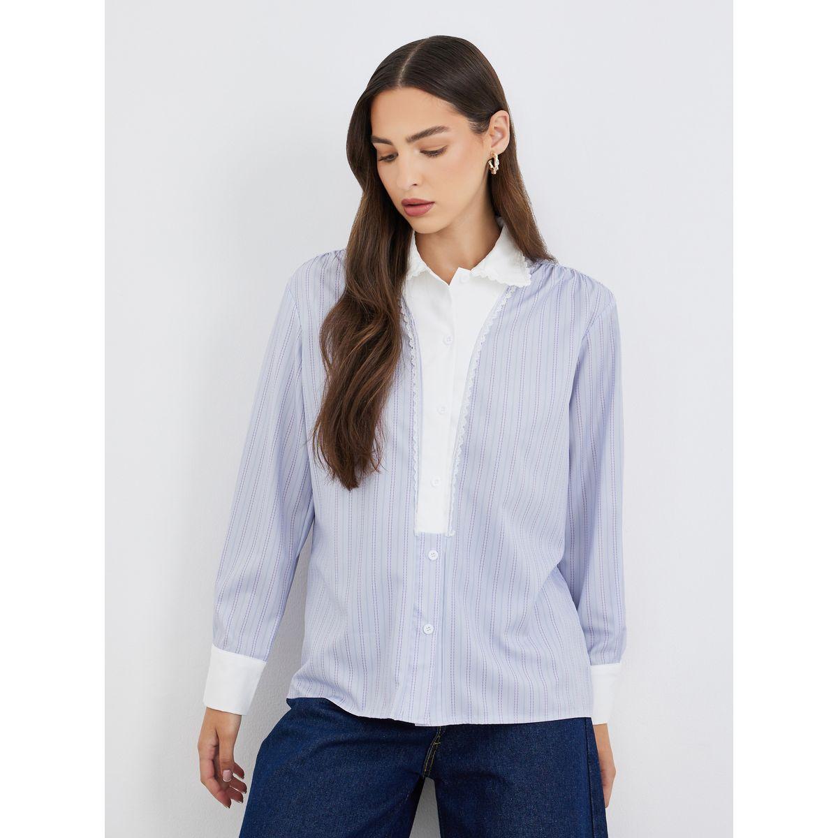 Styli Striped Spread Collar Long Sleeve Shirt-women-clothing-shirtsandblouses-shirts-image-1