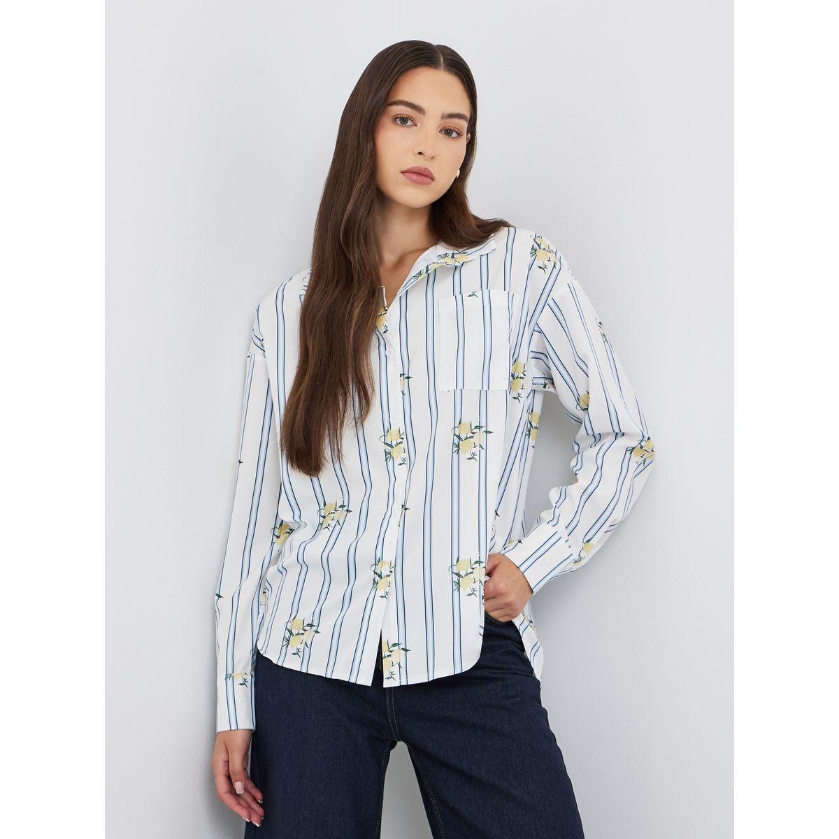 Styli Striped Spread Collar Long Sleeve Shirt-women-clothing-shirtsandblouses-shirts-image-1