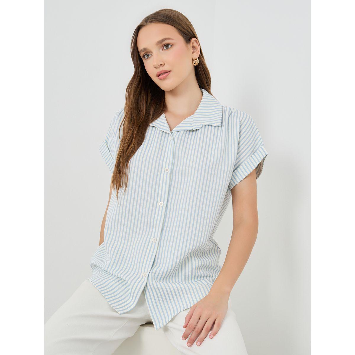 بلوزة فضفاضة مخططة مع أكمام قصيرة-women-clothing-shirtsandblouses-shirts-image-1