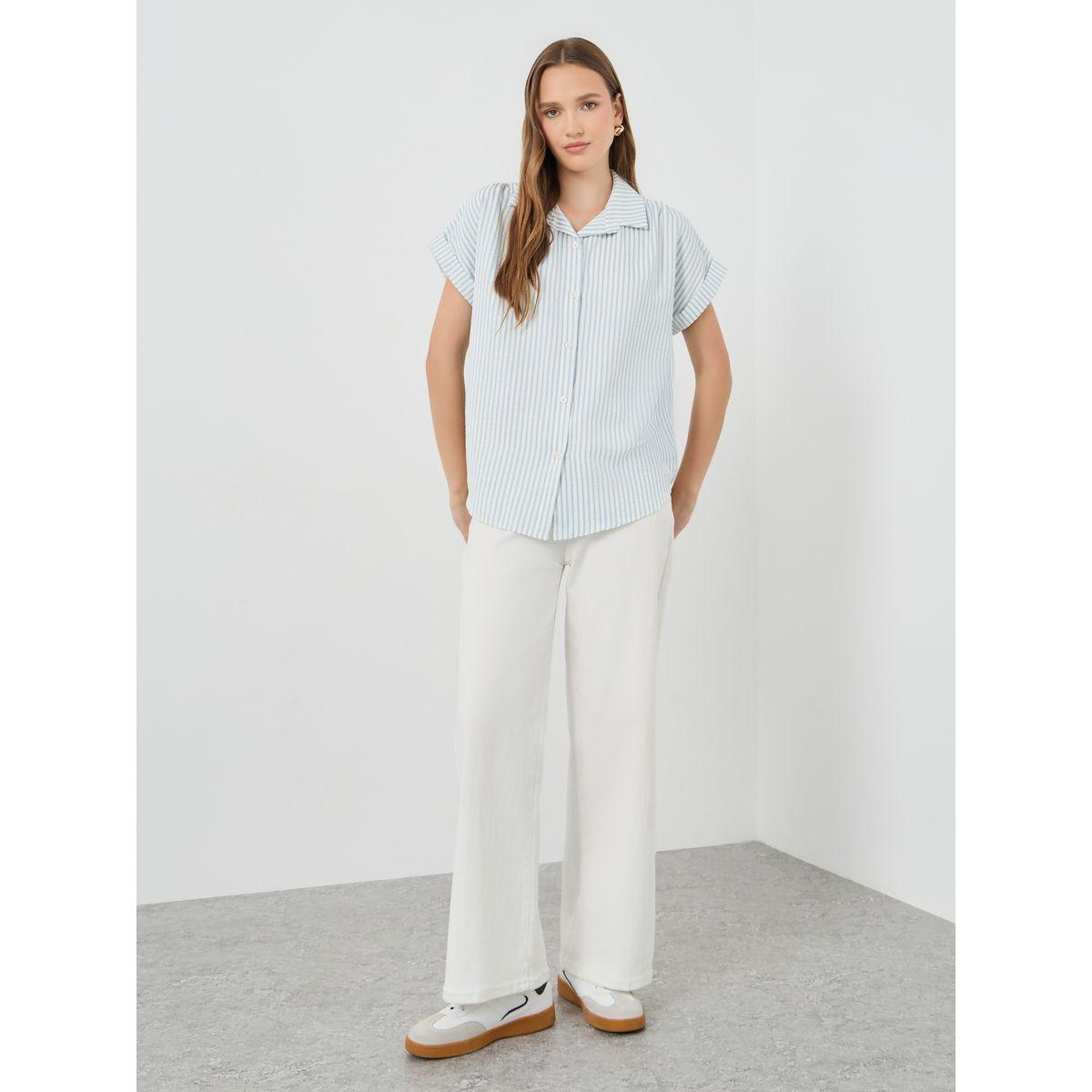 بلوزة فضفاضة مخططة مع أكمام قصيرة-women-clothing-shirtsandblouses-shirts-image-2
