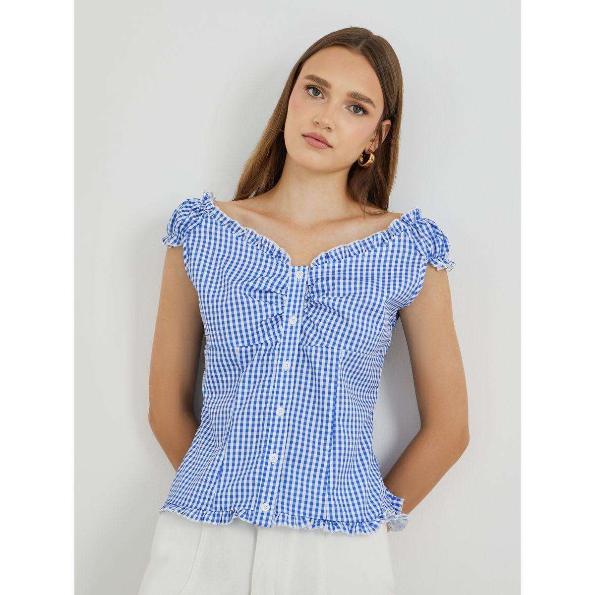 Styli Gingham Printed V-Neck Buttoned Blouse-women-clothing-shirtsandblouses-blouses-image-1