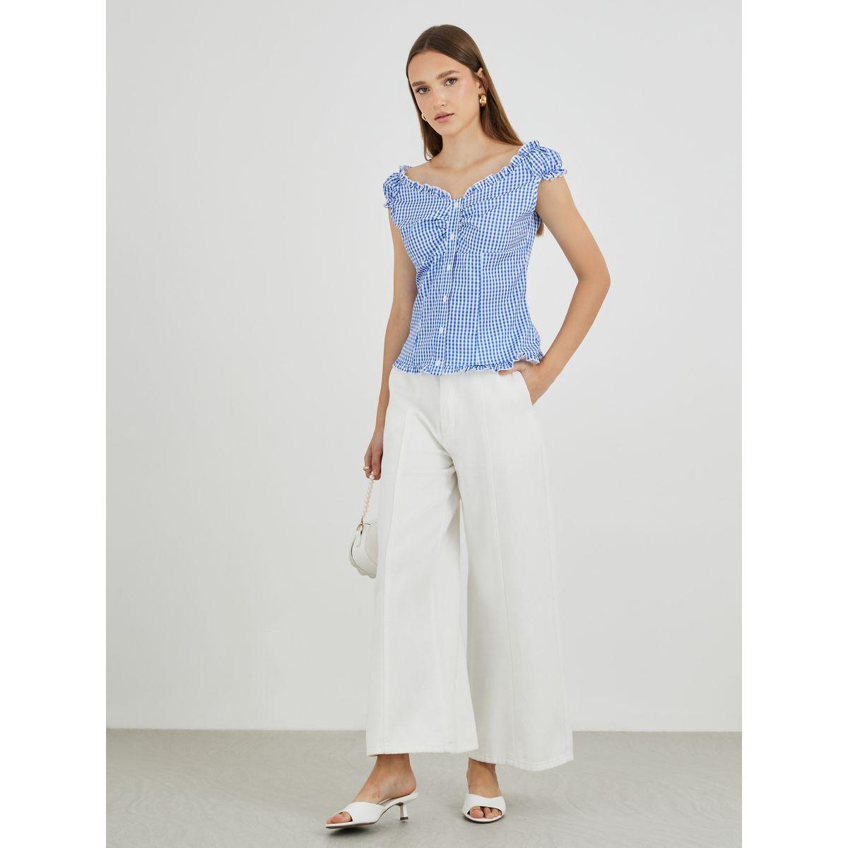 Styli Gingham Printed V-Neck Buttoned Blouse-women-clothing-shirtsandblouses-blouses-image-2