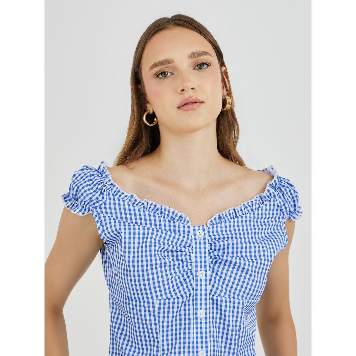Styli Gingham Printed V-Neck Buttoned Blouse-women-clothing-shirtsandblouses-blouses-image-3