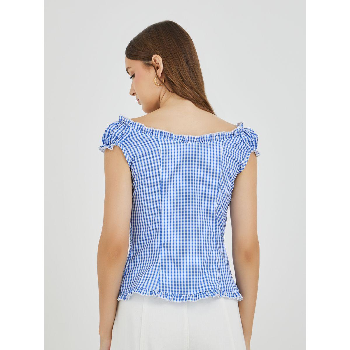 Styli Gingham Printed V-Neck Buttoned Blouse-women-clothing-shirtsandblouses-blouses-image-4