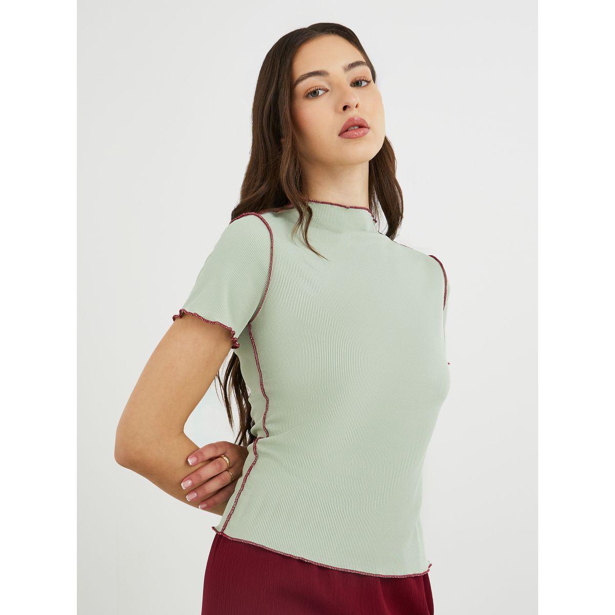Styli Green Ribbed High Neck Slim Fit Top-women-clothing-tshirts-image-1