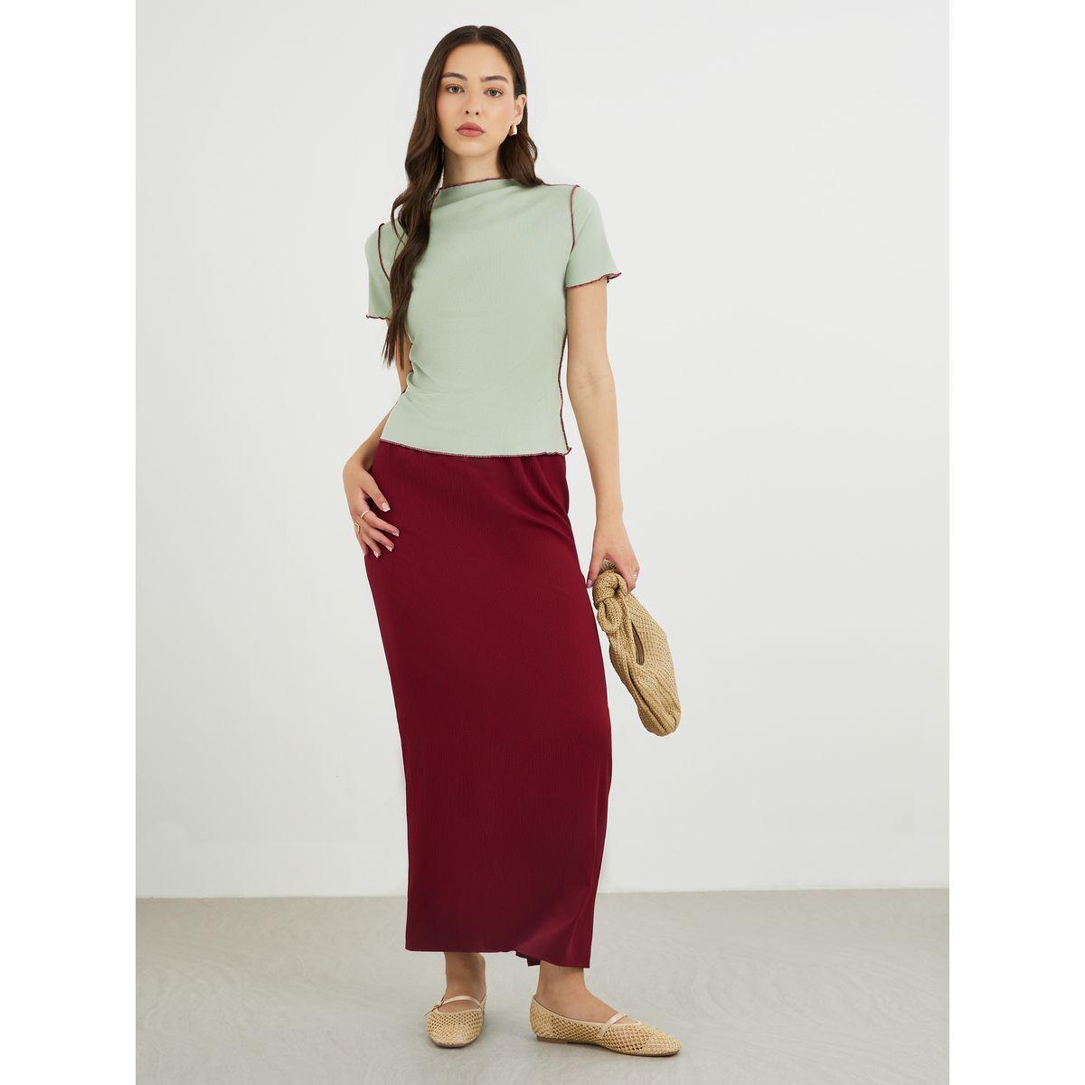 Styli Green Ribbed High Neck Slim Fit Top-women-clothing-tshirts-image-2