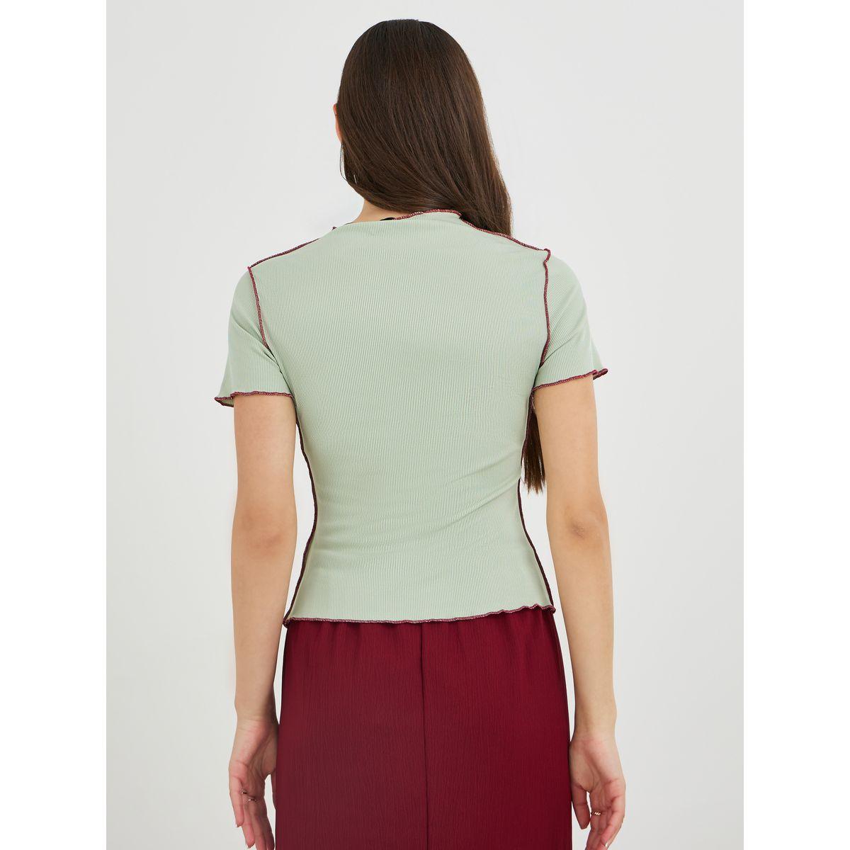 Styli Green Ribbed High Neck Slim Fit Top-women-clothing-tshirts-image-4