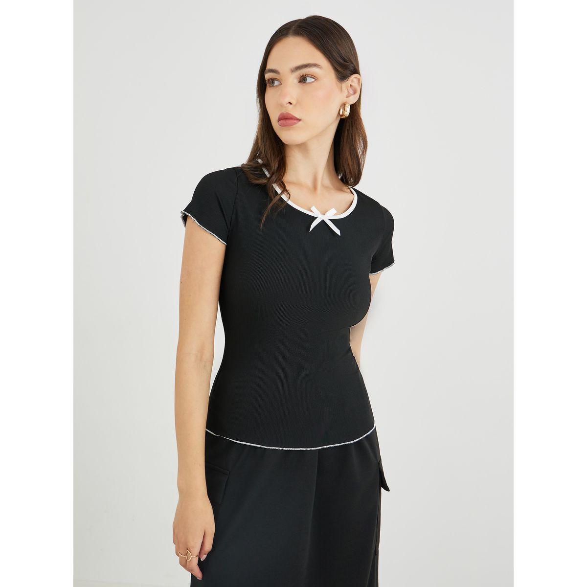 Styli Ribbed Fitted T-Shirt with Bow Detail-women-clothing-tshirts-image-1