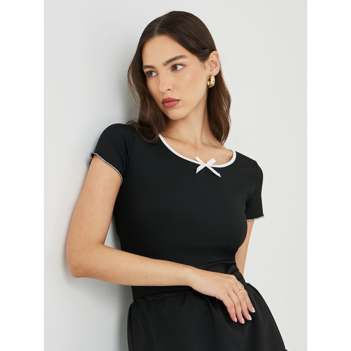 Styli Ribbed Fitted T-Shirt with Bow Detail-women-clothing-tshirts-image-5