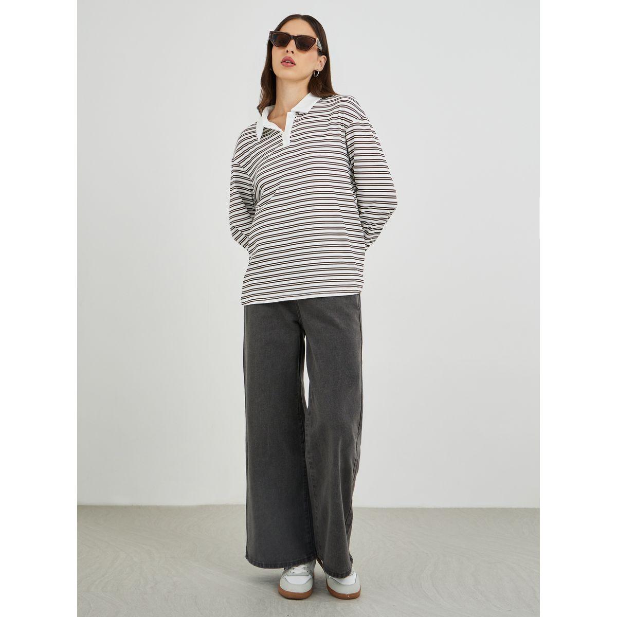 Styli Brown Striped Oversized Polo T-Shirt-women-clothing-tshirts-image-2
