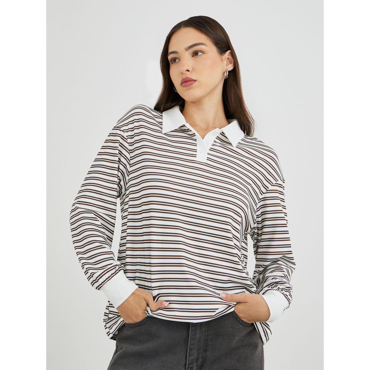 Styli Brown Striped Oversized Polo T-Shirt-women-clothing-tshirts-image-3