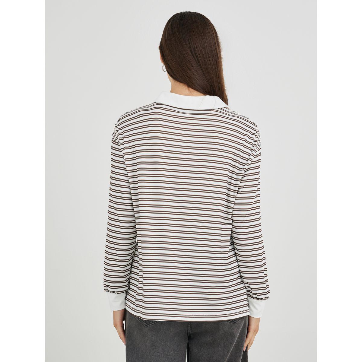 Styli Brown Striped Oversized Polo T-Shirt-women-clothing-tshirts-image-5