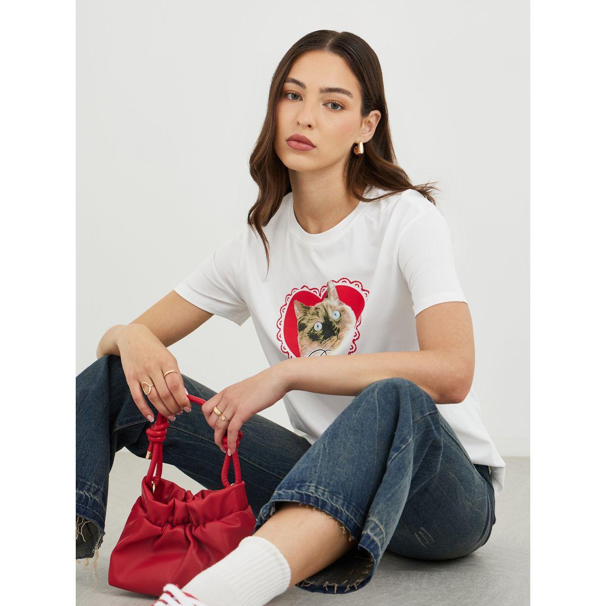 Styli Cat Graphic Print Regular Fit T-Shirt-women-clothing-tshirts-image-1