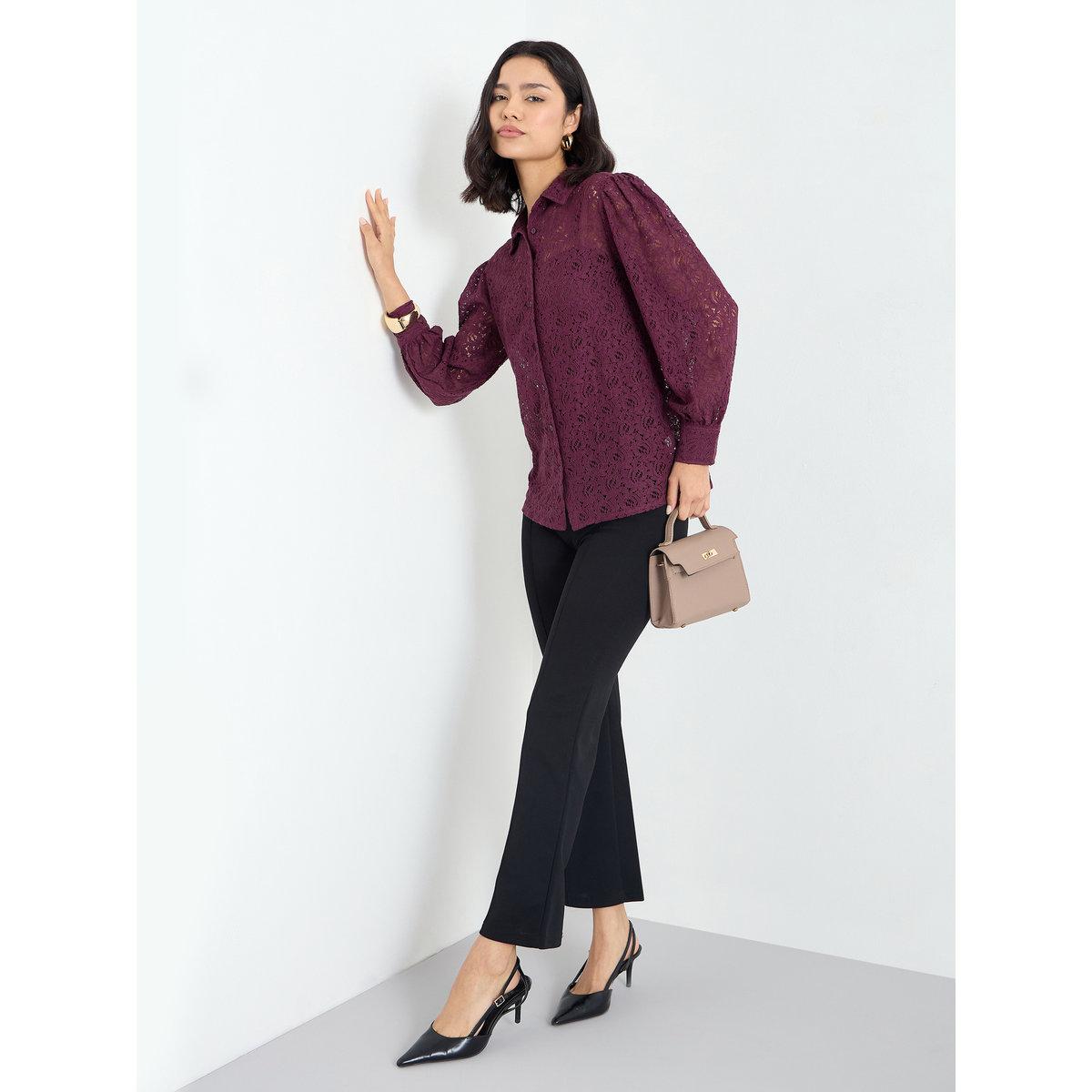 Styli Burgundy Lace Balloon Sleeve Shirt-women-clothing-shirtsandblouses-shirts-image-2