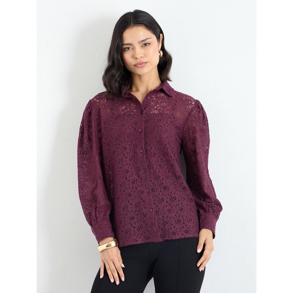 Styli Burgundy Lace Balloon Sleeve Shirt-women-clothing-shirtsandblouses-shirts-image-3