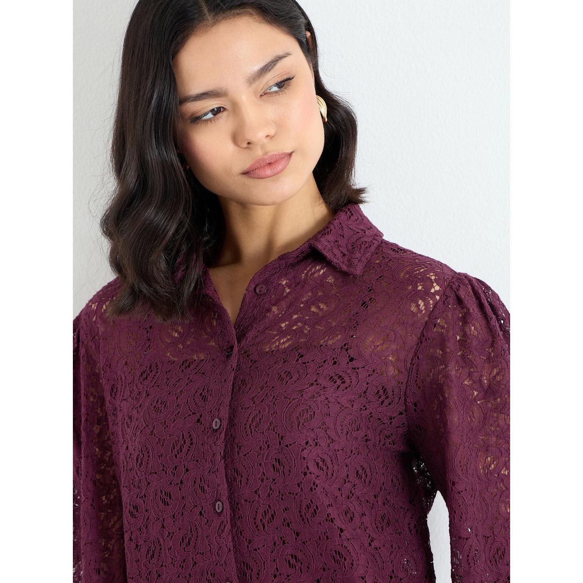 Styli Burgundy Lace Balloon Sleeve Shirt-women-clothing-shirtsandblouses-shirts-image-4