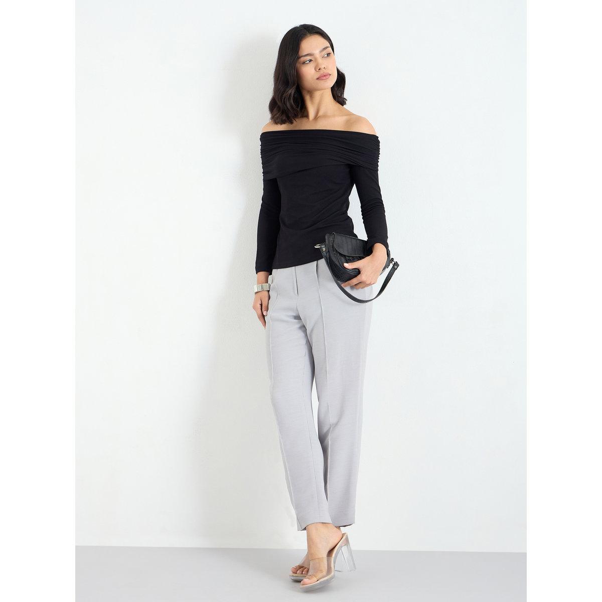 Styli Black Off-Shoulder Textured Knit Top-women-clothing-tshirts-image-2