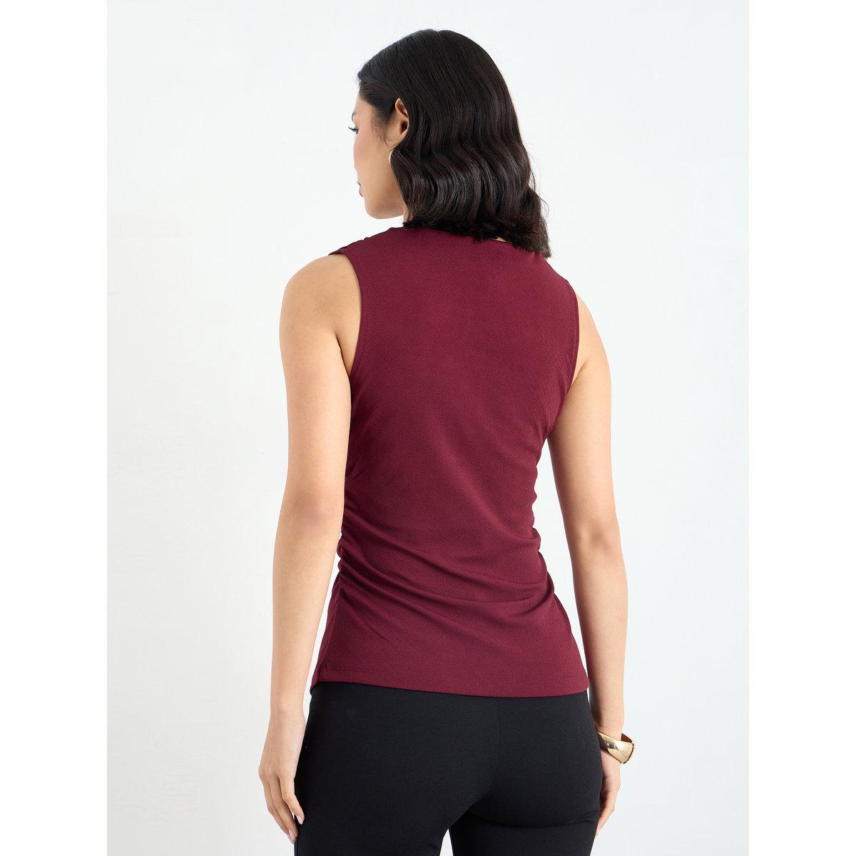 Styli Women Burgundy Sleeveless Textured Knit Top-women-clothing-tshirts-image-5
