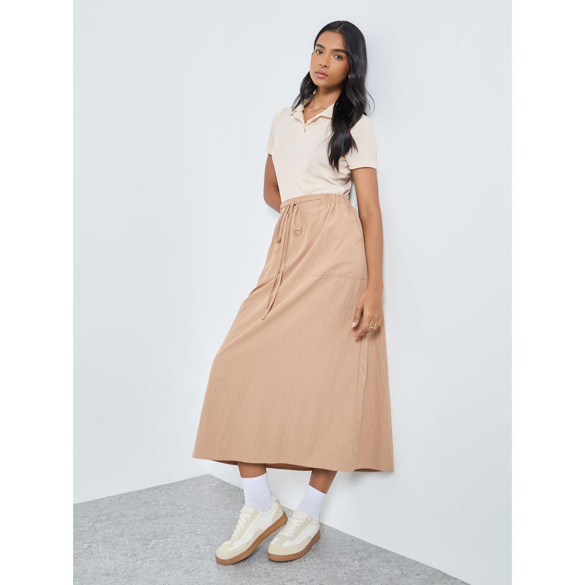 Styli Solid Midi Skirt with Tie-Up Waist-women-clothing-bottoms-skirts-image-1