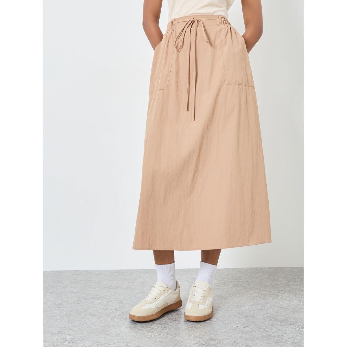 Styli Solid Midi Skirt with Tie-Up Waist-women-clothing-bottoms-skirts-image-2