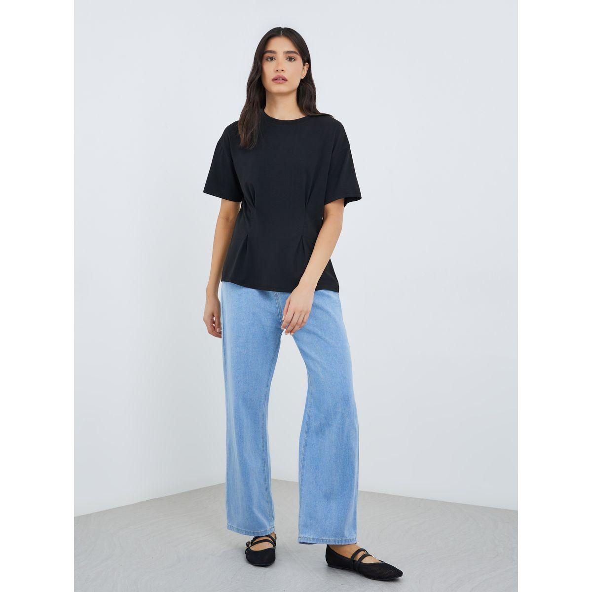 Styli Black Pleated Waist Detail Round Neck T-Shirt-women-clothing-tshirts-image-2