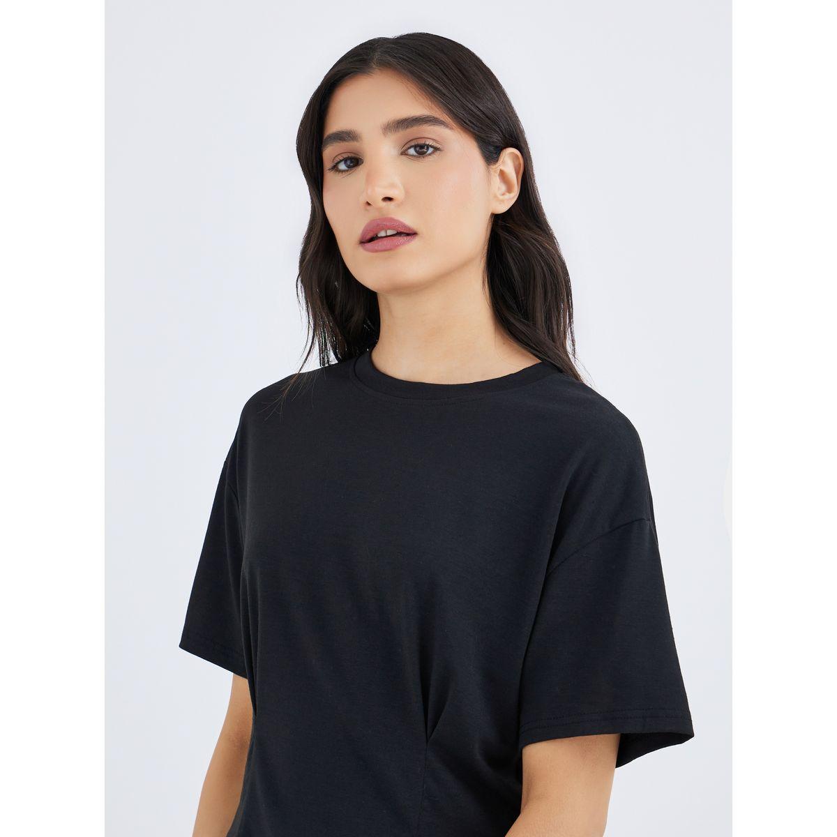 Styli Black Pleated Waist Detail Round Neck T-Shirt-women-clothing-tshirts-image-3