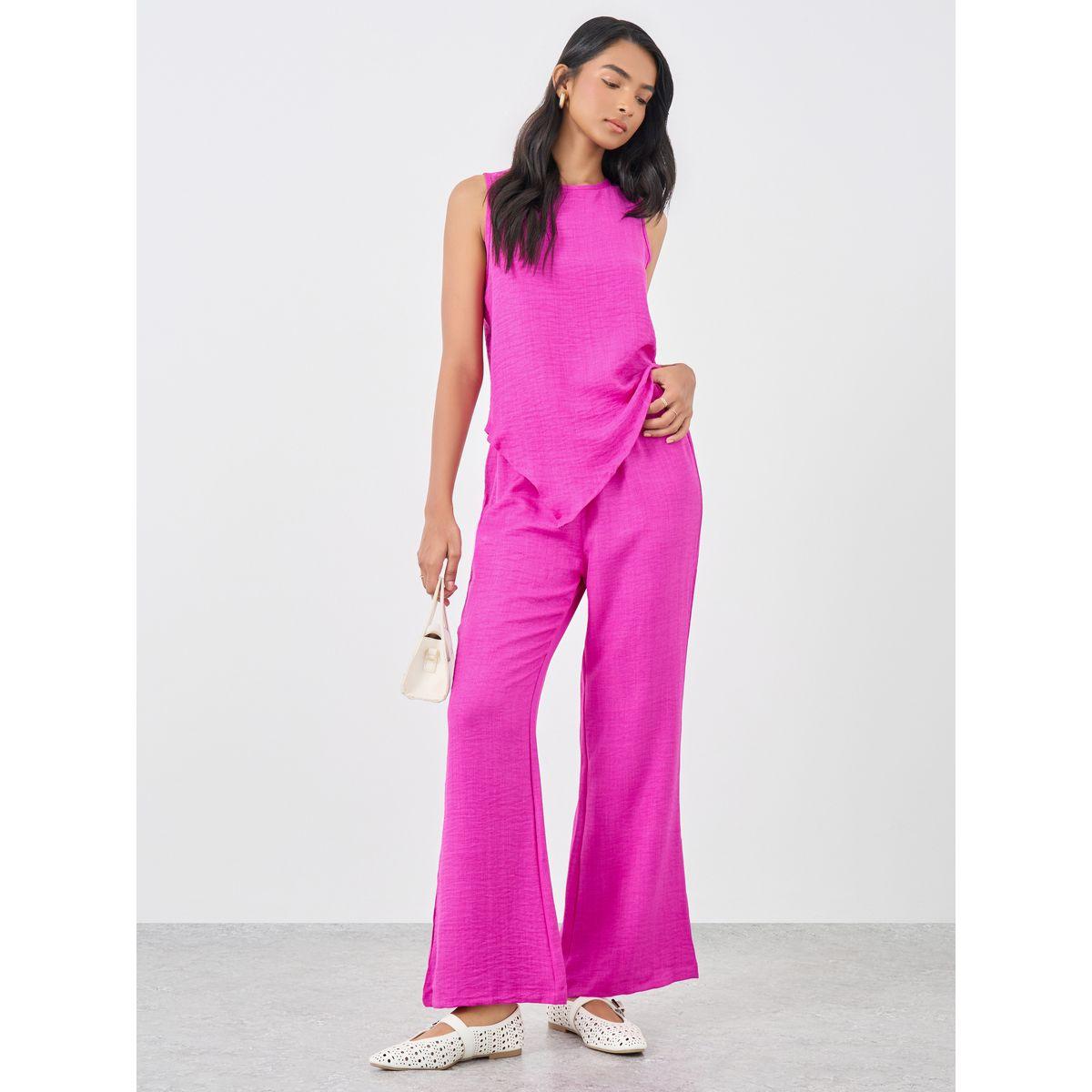 Styli Women Pink Solid Asymmetric Top and Wide Leg Pants Co-Ords-women-clothing-coordsets-image-1