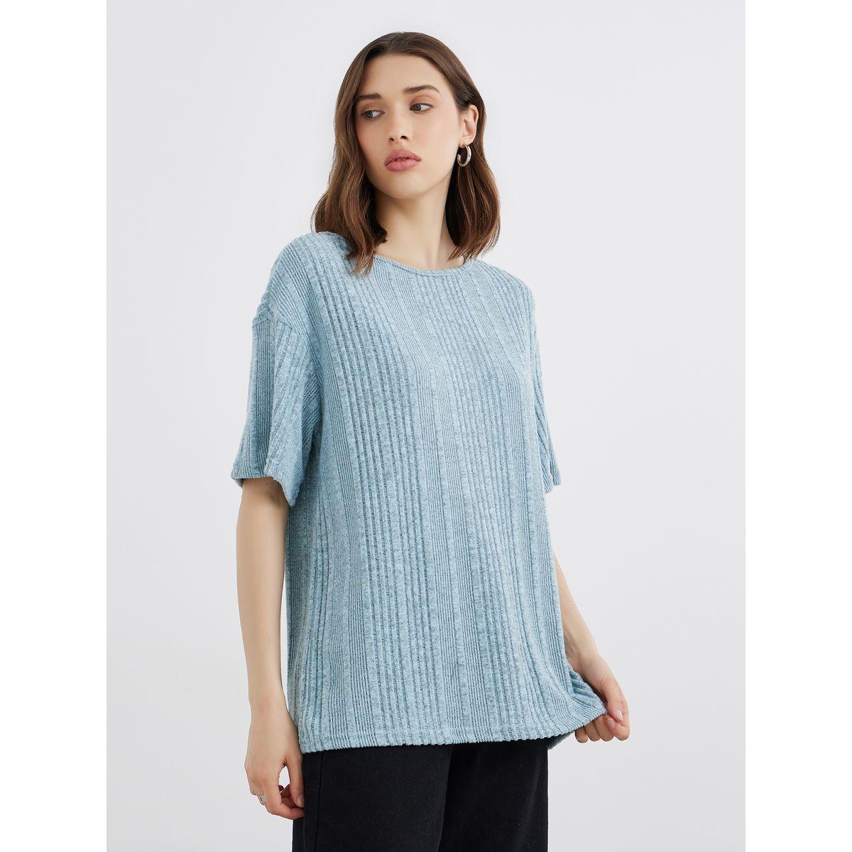 Styli Blue Oversized Knit T-Shirt-women-clothing-tshirts-image-3